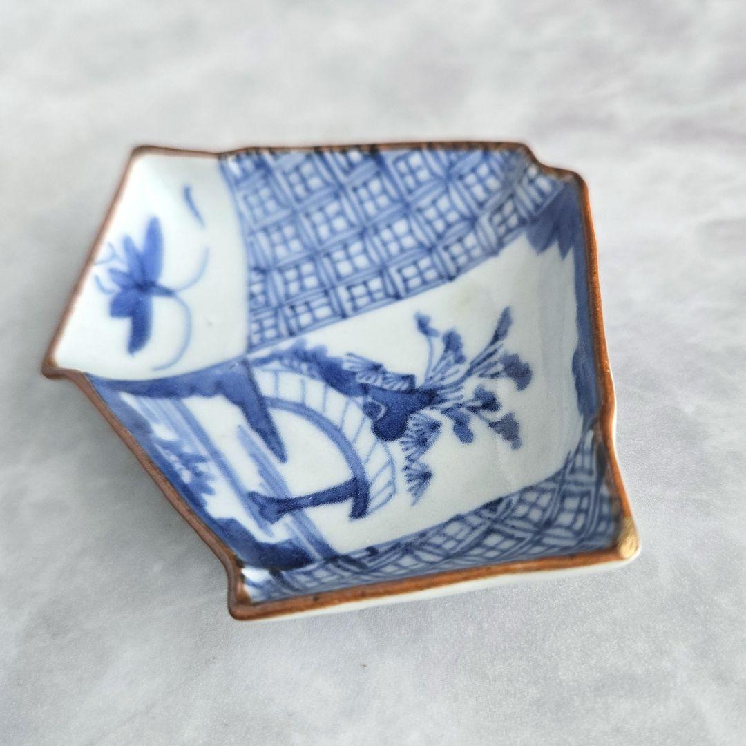 古伊万里　染付　小皿　豆皿　結び文　上手　型物　骨董品　アンティーク　金継ぎ