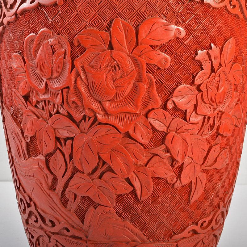 中国　剔紅　堆朱　内七宝　花文瓶　高さ約39㎝　唐木台付　Y　R7494B