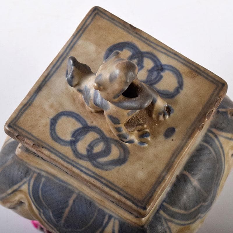 中国　青花　雷文　犬摘　四方香炉　時代箱付　M　R8380
