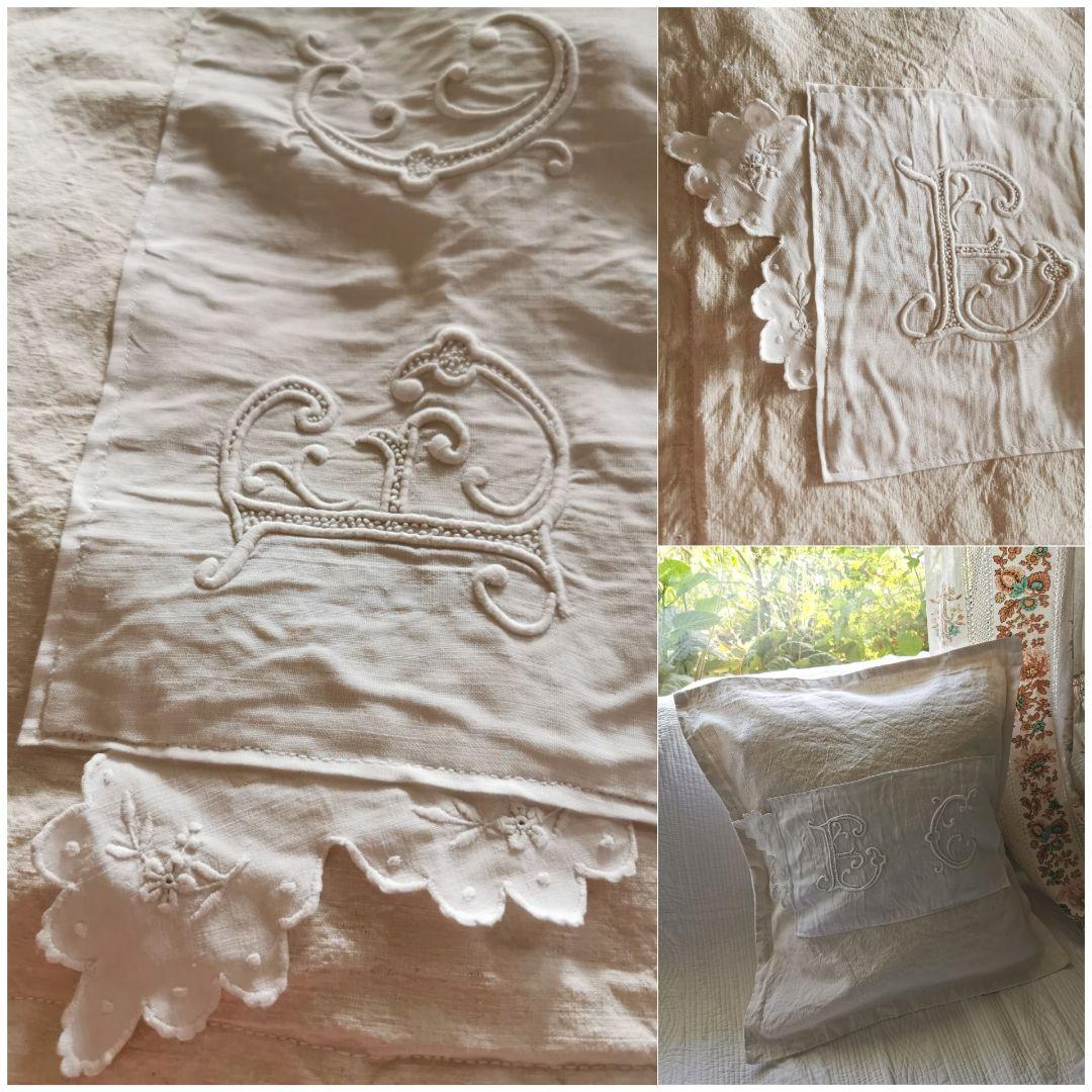アンティークフランス 花文字モノグラムＥＣ手刺繍 リネンラージクッションカバー