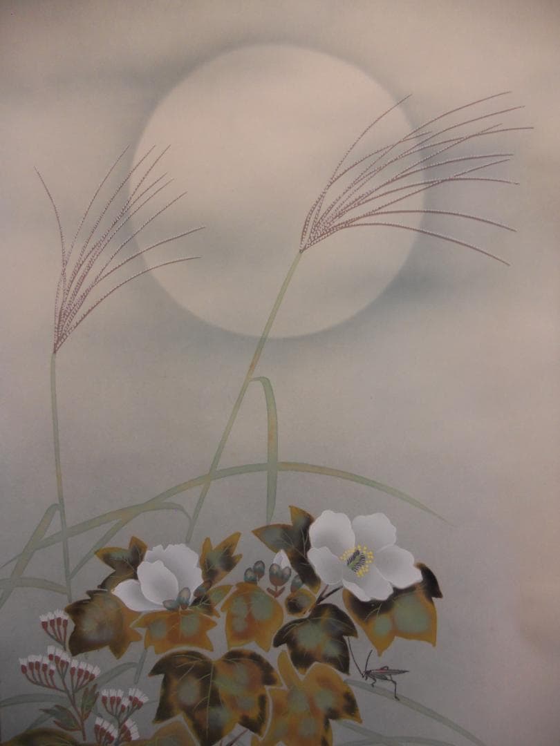 掛け軸 小川大鳳 月に秋草 絹本 希少 軸装 茶道具 掛軸 美品 です。