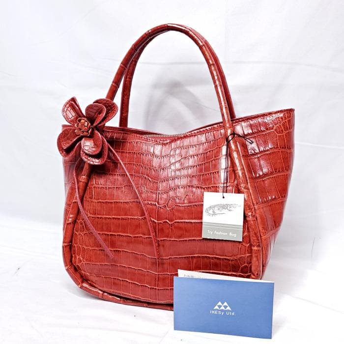 【美品】 BAGFAN クロコ レザー 本革 フラワーモチーフ ハンドバッグ