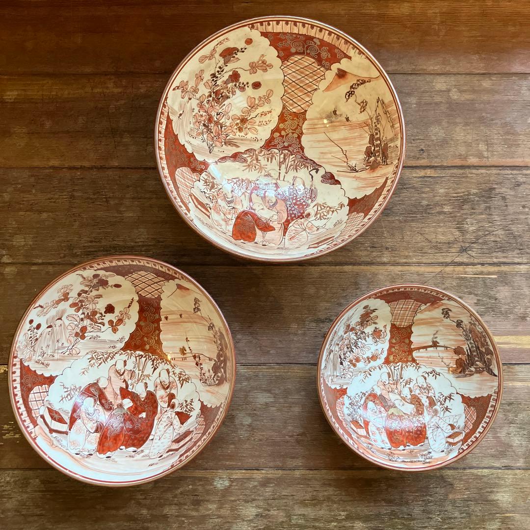 アンティーク 九谷焼 赤絵 特大 三ツ鉢 深鉢 細密赤絵 山水賢人図 骨董