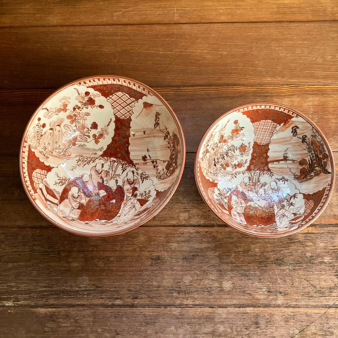 アンティーク 九谷焼 赤絵 特大 三ツ鉢 深鉢 細密赤絵 山水賢人図 骨董