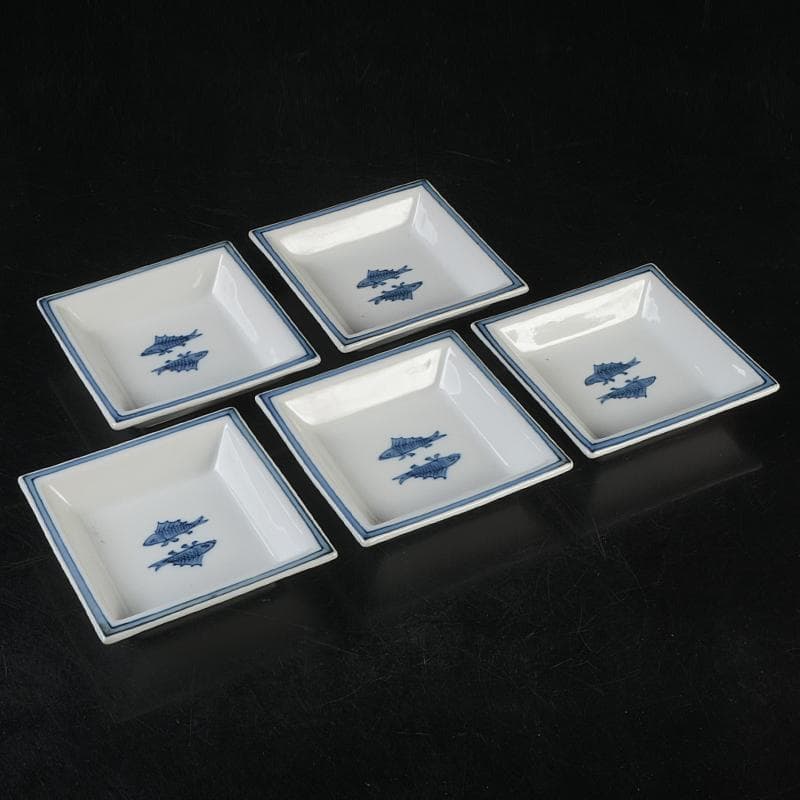 和食器　有田焼　館林源右衛門　染付　魚文　四方銘々皿　五客　共箱　V　R9102