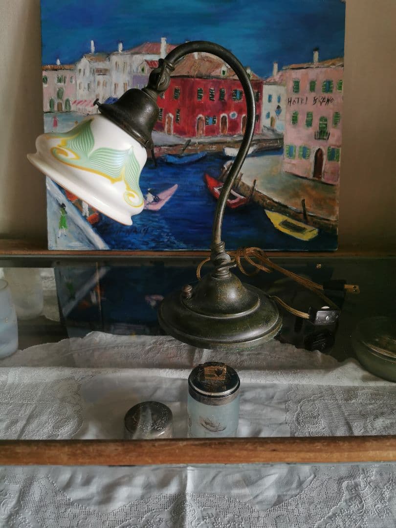 アンティーク ファヴリルガラス Quezell イリデッセンス ブロンズランプ