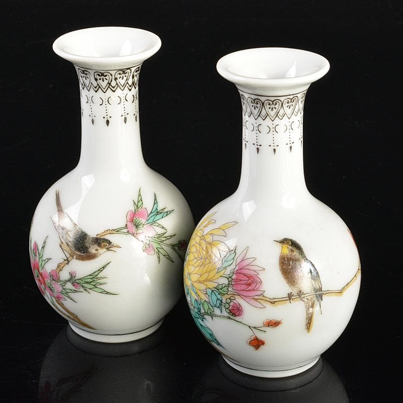 中国　中国景徳鎮製　粉彩　漢詩花鳥文　小瓶　一對　V　R6638