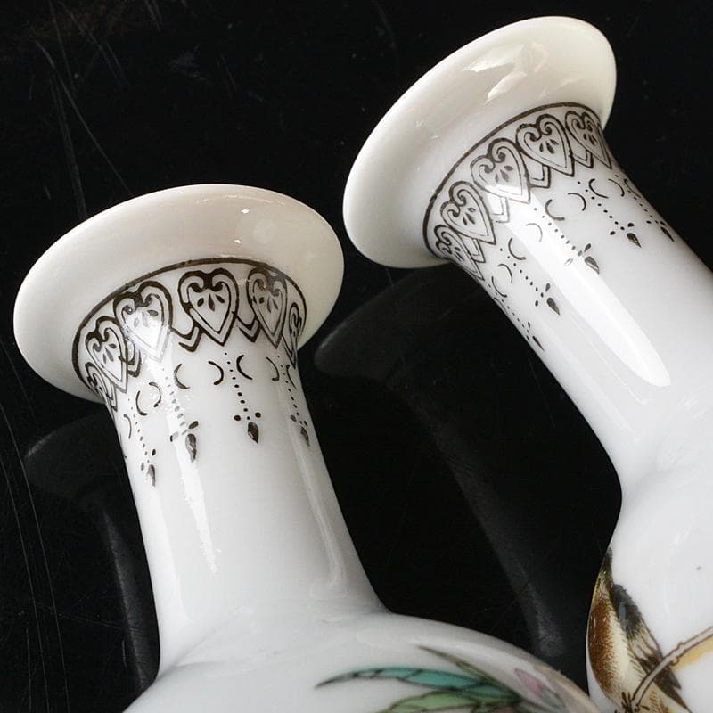 中国　中国景徳鎮製　粉彩　漢詩花鳥文　小瓶　一對　V　R6638