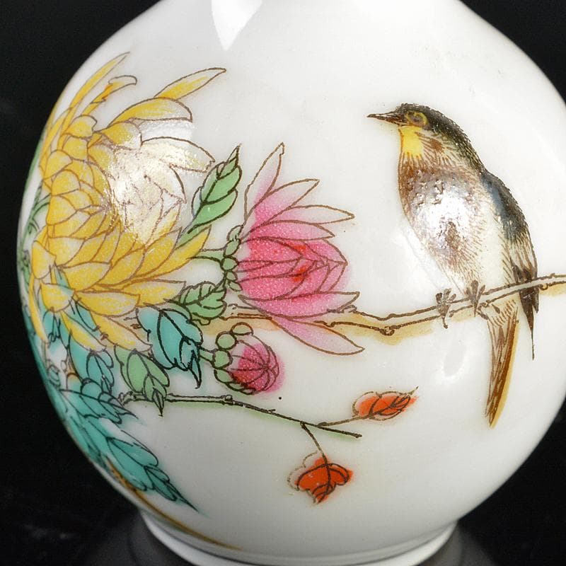 中国　中国景徳鎮製　粉彩　漢詩花鳥文　小瓶　一對　V　R6638