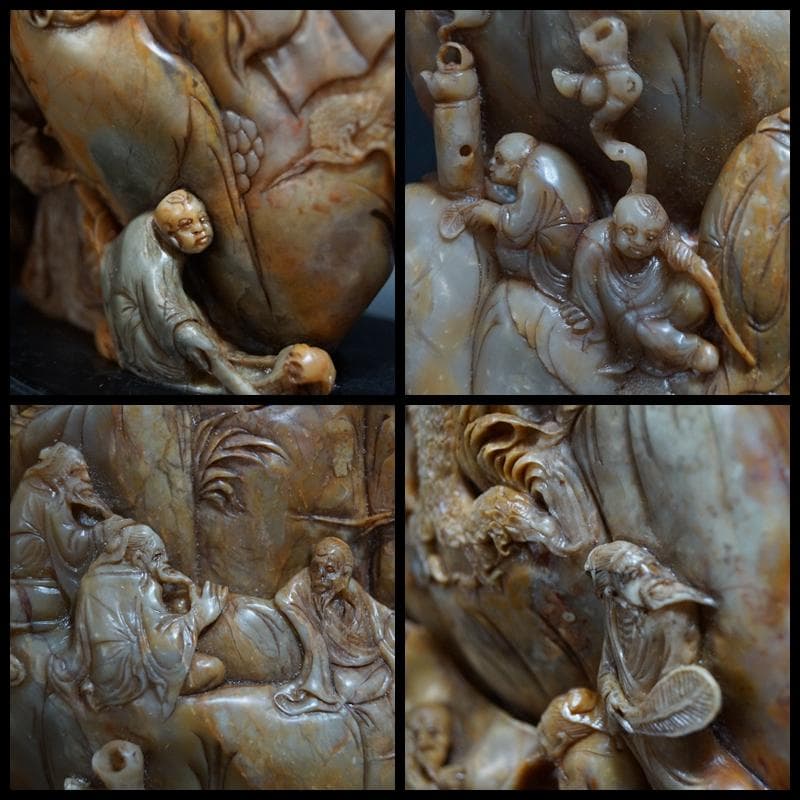 時代物 大型寿山石 高浮彫『祥瑞山水人物図』置物 手彫り擺件中国古賞物 古美術品