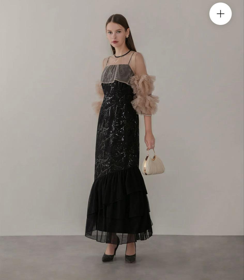 フラワースパンコールチュールフリルスリーブIラインワンピース