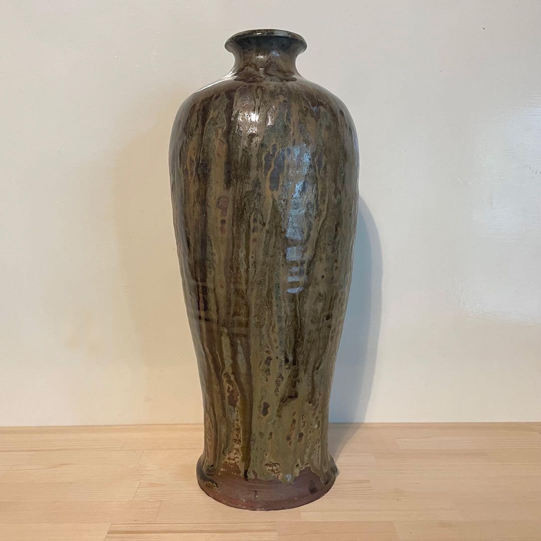 鉄釉 瓶子 梅瓶 在銘 37cm 検）古瀬戸 自然釉 丹波焼 灰釉 中国美術