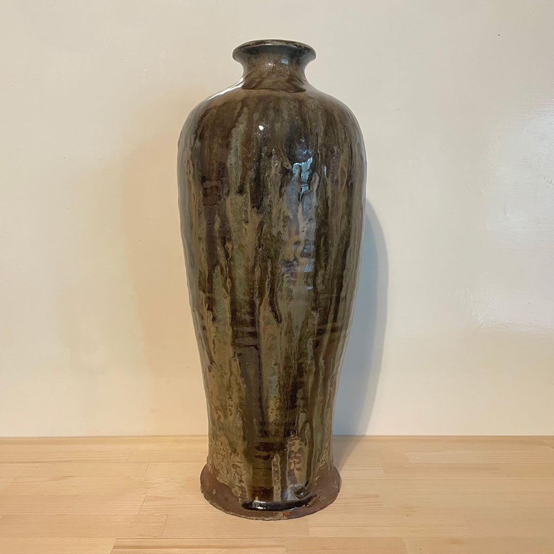 鉄釉 瓶子 梅瓶 在銘 37cm 検）古瀬戸 自然釉 丹波焼 灰釉 中国美術
