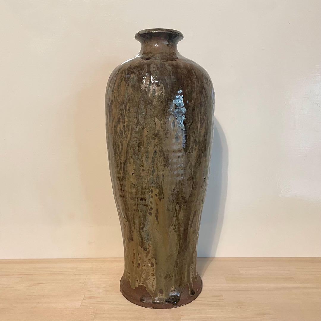 鉄釉 瓶子 梅瓶 在銘 37cm 検）古瀬戸 自然釉 丹波焼 灰釉 中国美術