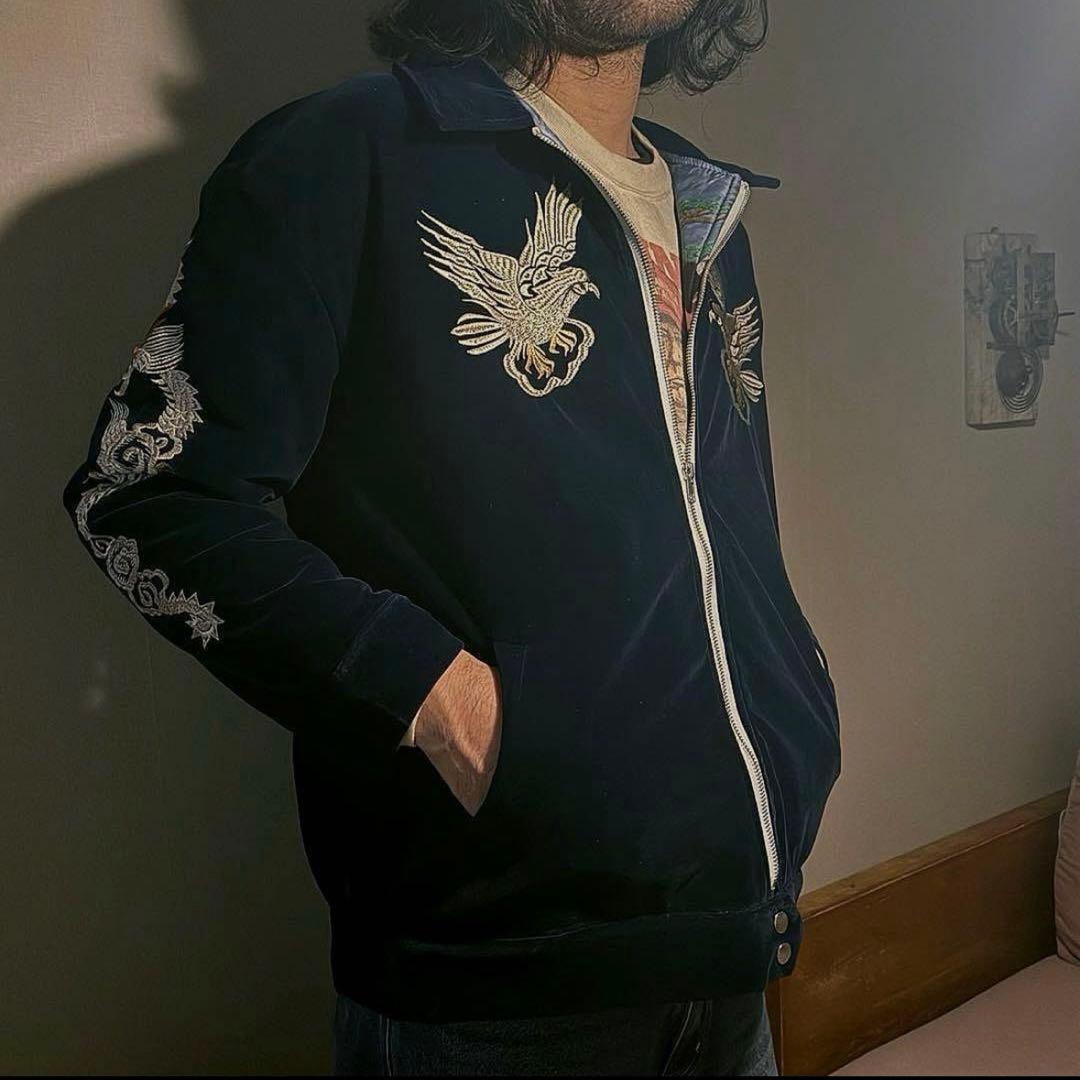 TK【中綿ブルゾン】刺繍ドラゴンと鷲のベルベットジャンパー　ネイビー