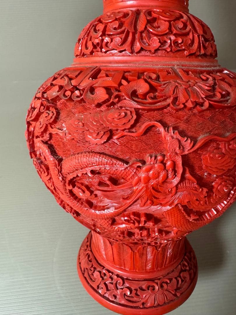 2722 中国美術 漆器 堆朱 剔紅 細密 唐草牡丹雲龍紋 花瓶