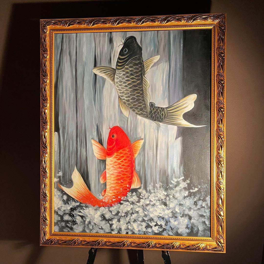 ★特大★ 手書き油絵 鯉の滝登り 肉筆絵画 額付き 油彩画 金運 開運