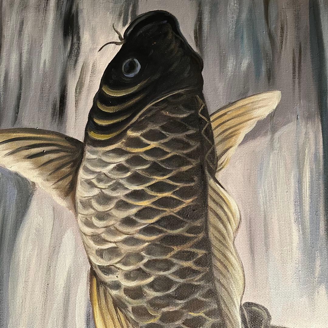 ★特大★ 手書き油絵 鯉の滝登り 肉筆絵画 額付き 油彩画 金運 開運