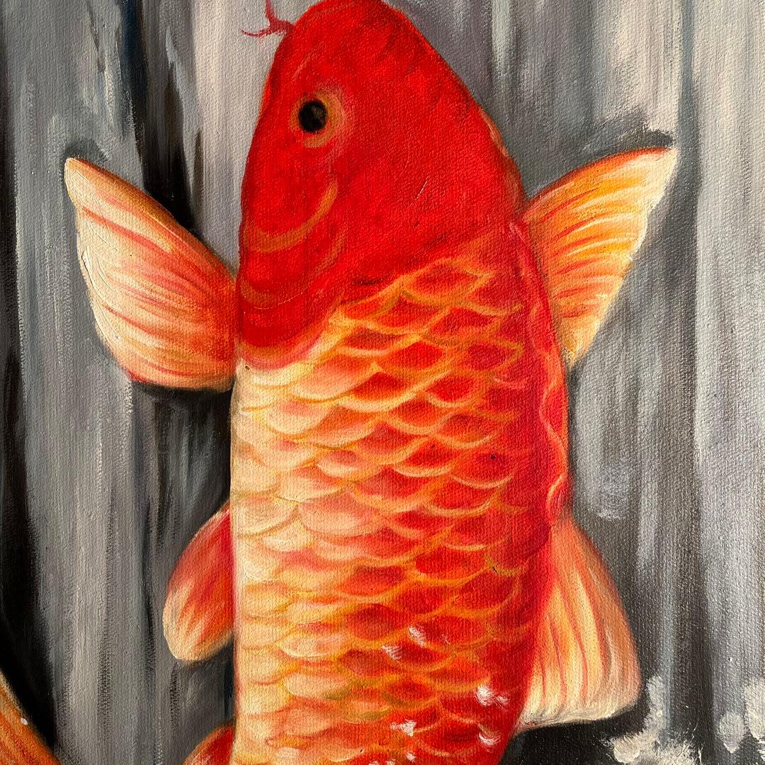 ★特大★ 手書き油絵 鯉の滝登り 肉筆絵画 額付き 油彩画 金運 開運