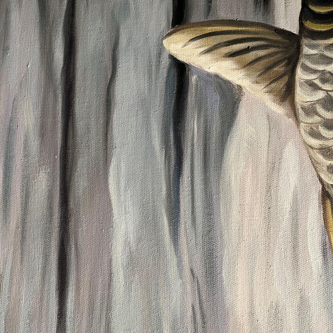 ★特大★ 手書き油絵 鯉の滝登り 肉筆絵画 額付き 油彩画 金運 開運