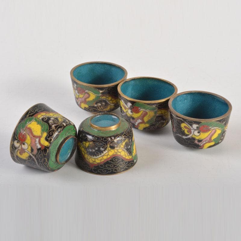 中国　古七宝琺瑯彩　神獣文　盃　五客　C　6713