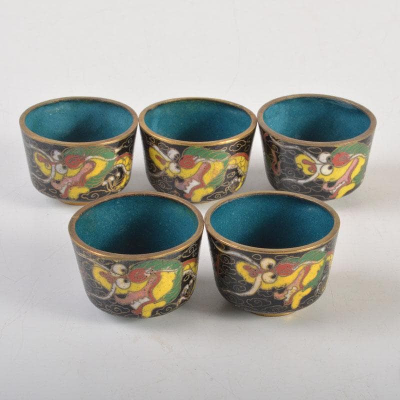 中国　古七宝琺瑯彩　神獣文　盃　五客　C　6713