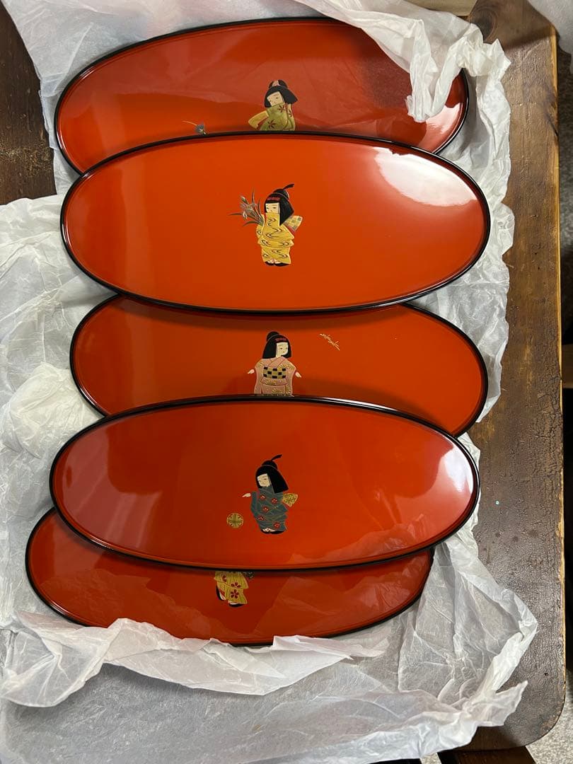 輪島塗　輪島漆器　大雅堂　摂田照彦　兼用皿　童蒔絵　５枚　高級漆器　未使用希少品