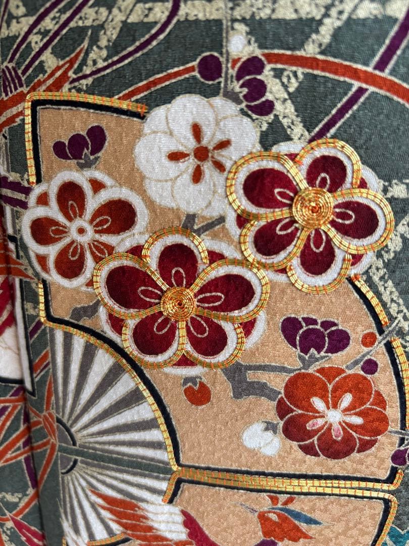 ⭐️振袖フルセット（７点）　正絹振袖　成人式　モスグリーン系