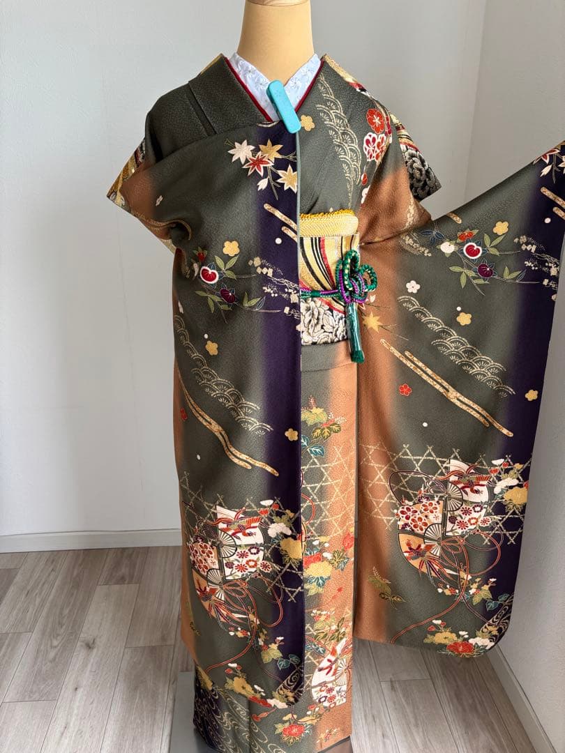 ⭐️振袖フルセット（７点）　正絹振袖　成人式　モスグリーン系