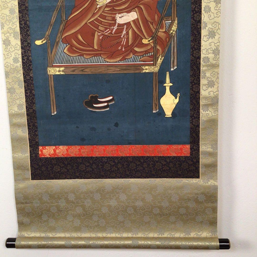 No3014 掛軸　仏教美術　金泥彩色　弘法大師像　紙本　無落款　合箱　送料無料