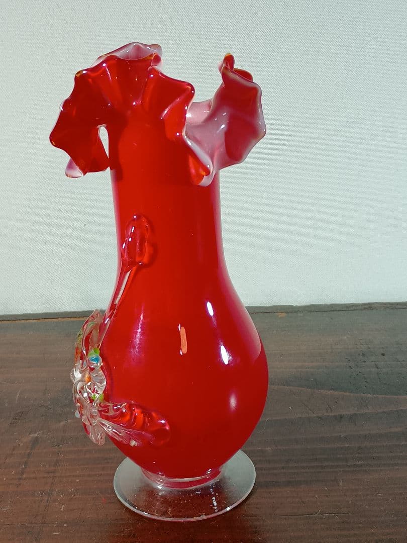 大正ロマン ガラス花瓶 フリルバラ 手作り吹ガラス