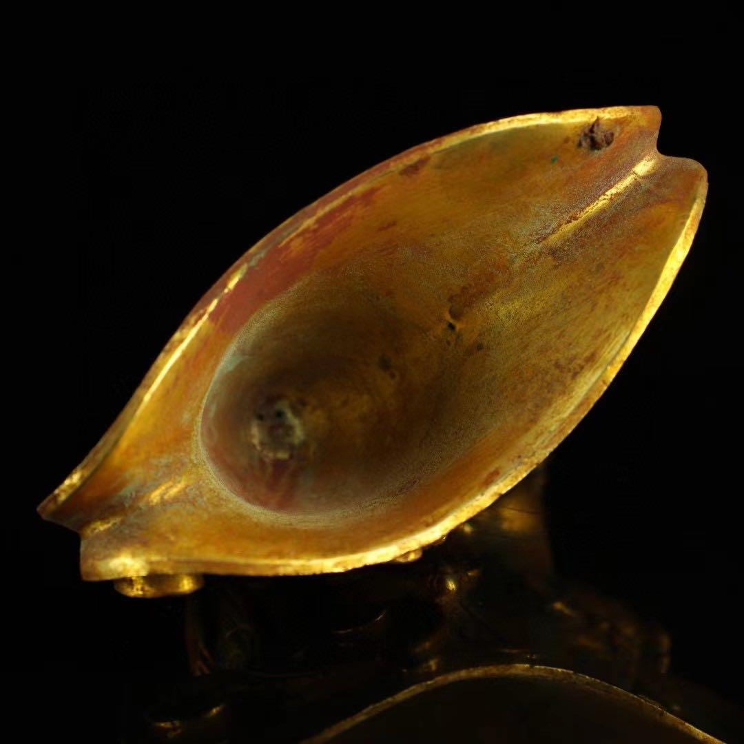 旧蔵、田舎入手、精銅、鎏金爬獣杯