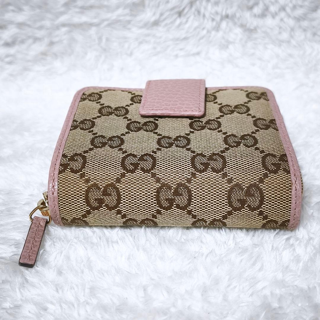 極美品✨ GUCCI GGキャンバス 二つ折り財布 ラウンドジップ ピンク