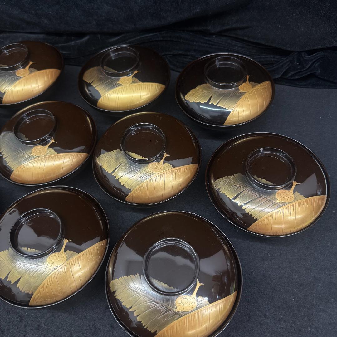 木製漆塗 蒔絵 吸物椀５客 時代物 輪島塗 漆器　葉っぱ　カタツムリ共箱