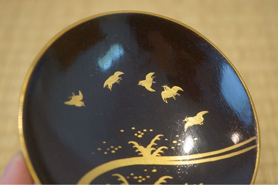 江戸後期 京蒔絵 猟師図蒔絵 波千鳥文 黒漆 吸物椀 2客/ 木製漆器 茶懐石