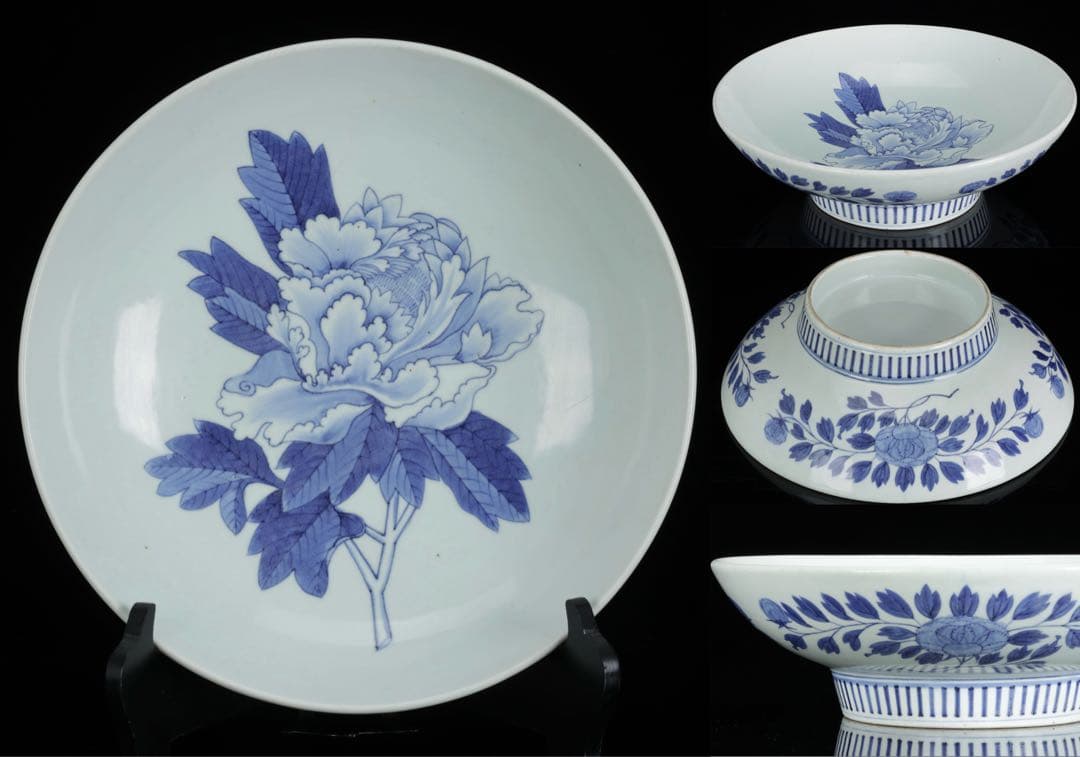 鍋島染付 牡丹文 大皿 藍鍋島 後期鍋島 櫛高台 古伊万里 絵皿 古美術 骨董品