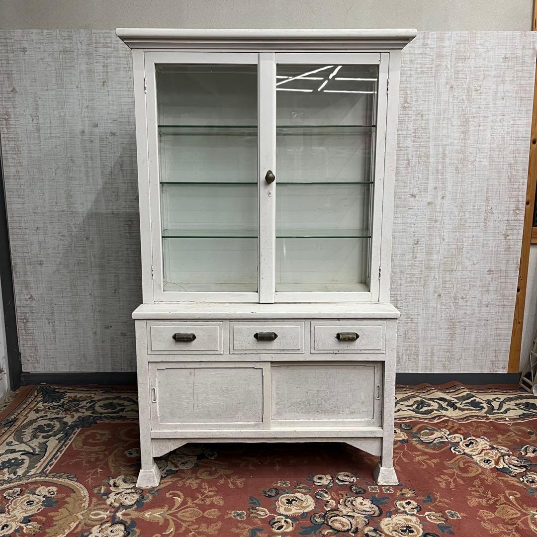 【アンティーク】ドクターキャビネット 医療棚 飾り棚 シャビー ガラス 古家具