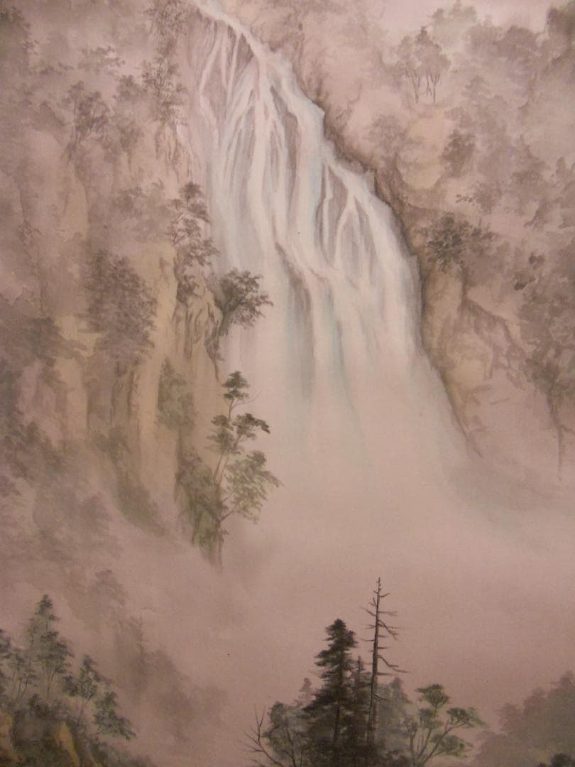 掛け軸 栄翠 二段滝色彩 絹本 希少 軸装 茶道具 掛軸 美品 です。