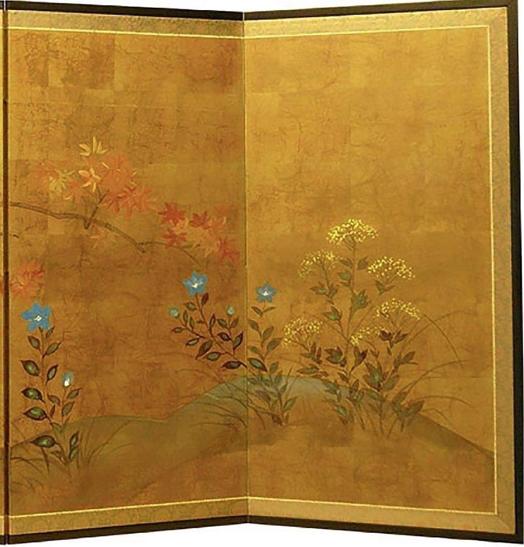 四つ折り屏風　日本画　金箔彩色　紅葉に露草