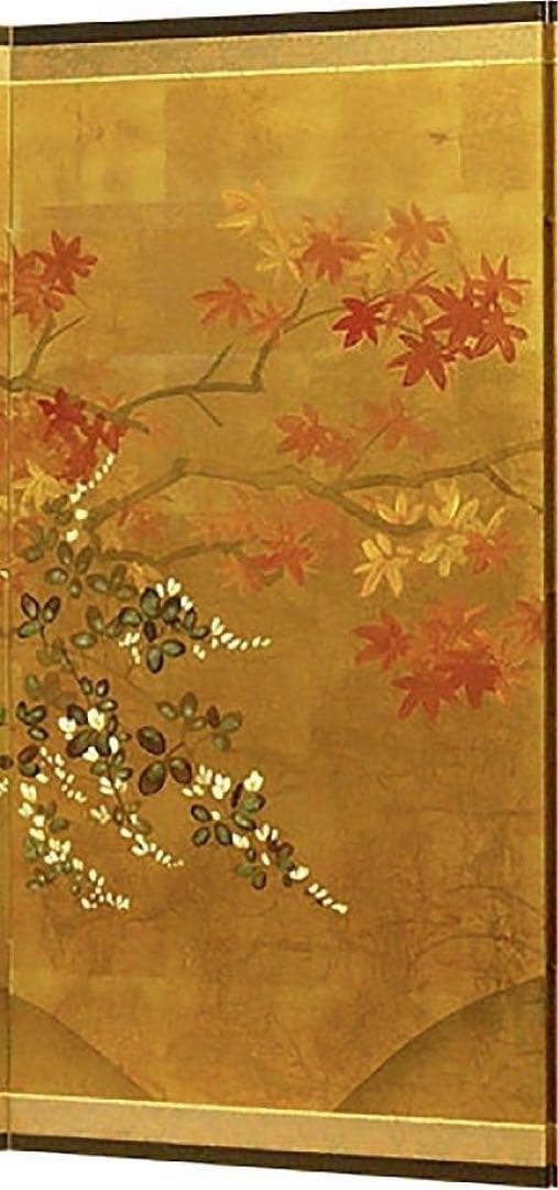四つ折り屏風　日本画　金箔彩色　紅葉に露草