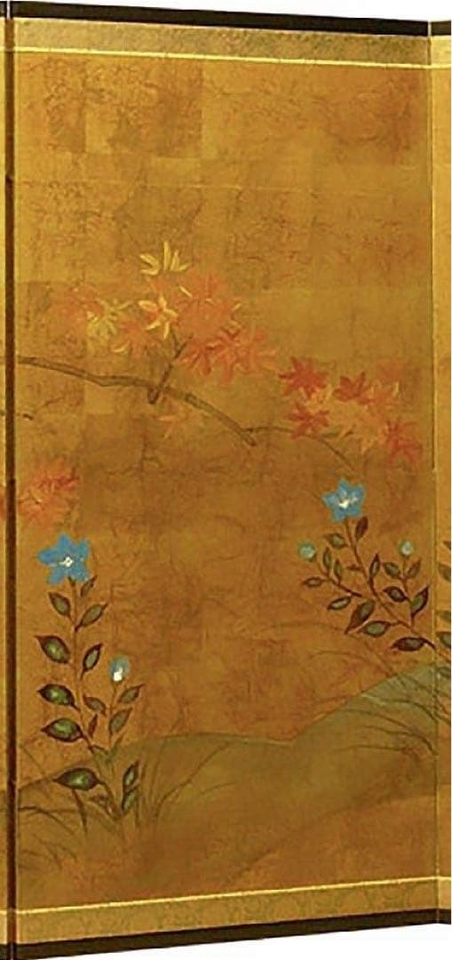 四つ折り屏風　日本画　金箔彩色　紅葉に露草