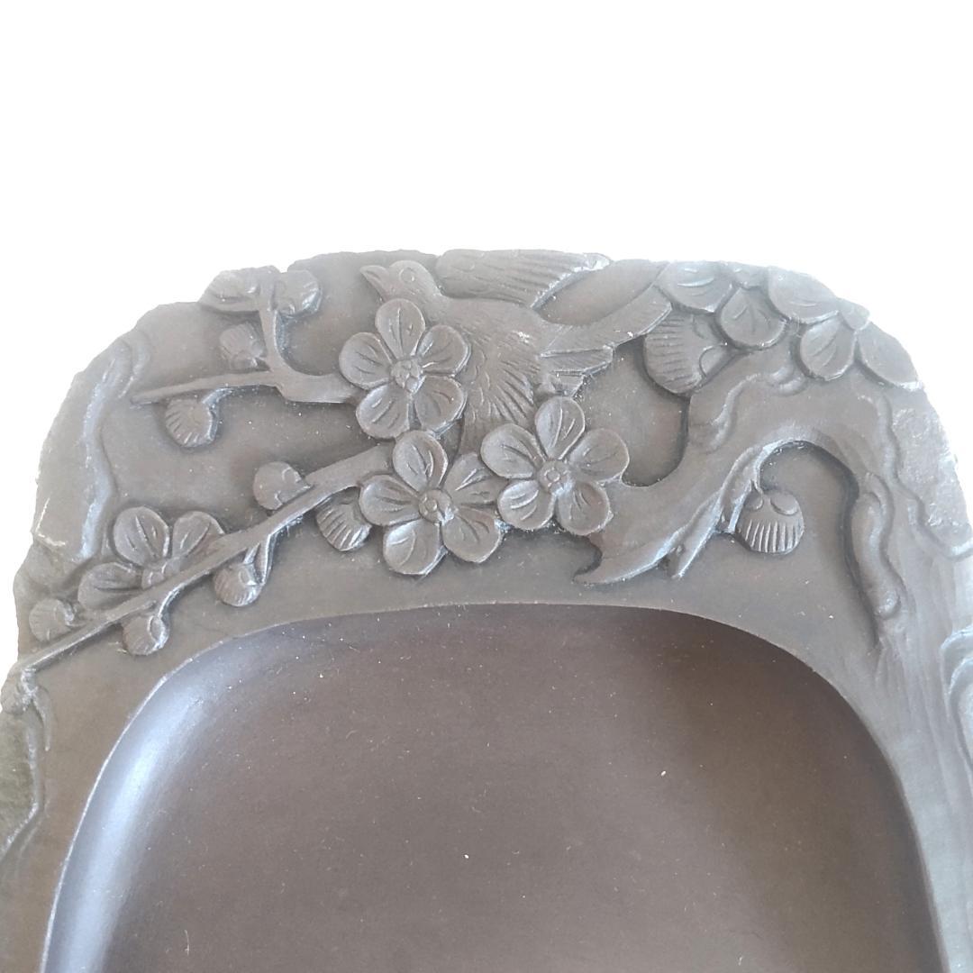 【未使用】中国高級 端渓名硯 書道具 梅 ウグイス？ 箱付き