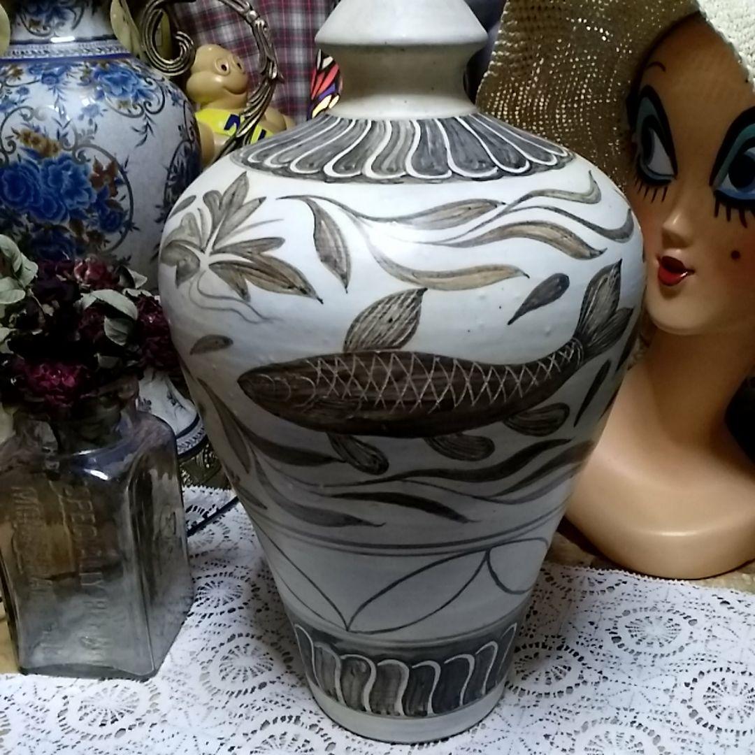 中国　古玩　磁州釜魚紋やきもの