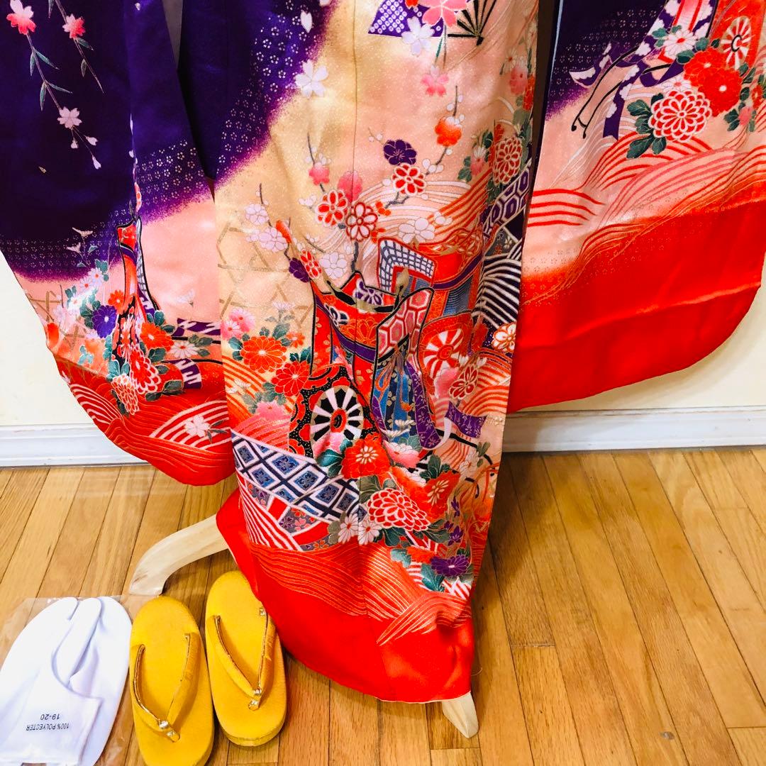 七五三七歳‼正絹豪華紫に裾赤地煌びやか❤️御所車金彩ラメ箔❤️完全フルセット