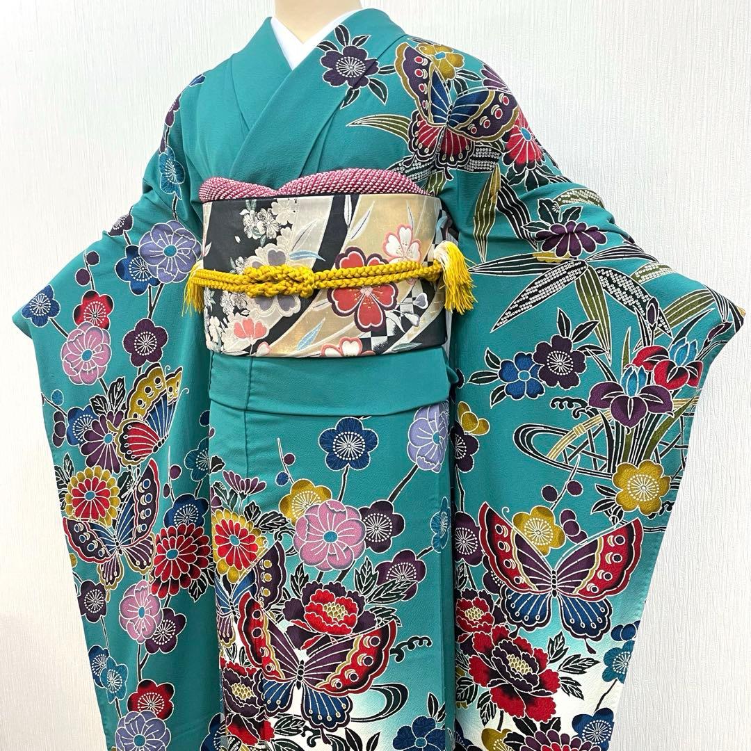 梅乃【159】正絹　振袖　セット　前撮り　成人式　撮影　紅型　青緑　大人　古典