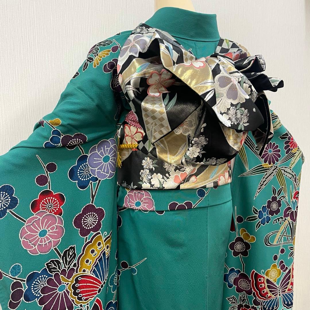 梅乃【159】正絹　振袖　セット　前撮り　成人式　撮影　紅型　青緑　大人　古典