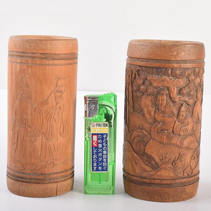 中国　古竹彫刻　山水人物文　螺鈿花文など　筆筒　六点まとめて　M　R7642