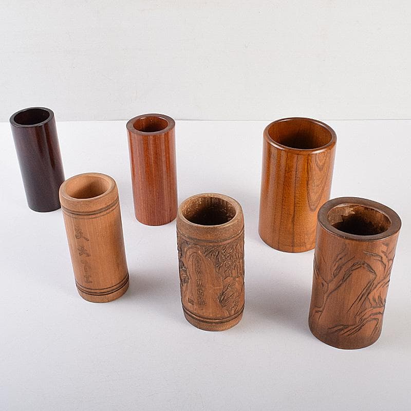 中国　古竹彫刻　山水人物文　螺鈿花文など　筆筒　六点まとめて　M　R7642