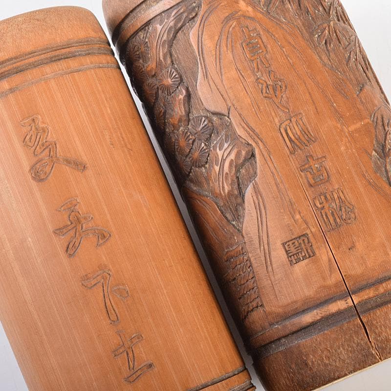中国　古竹彫刻　山水人物文　螺鈿花文など　筆筒　六点まとめて　M　R7642