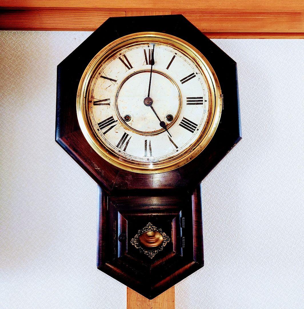 〈完動・美品〉林市兵衛時計製造　日の出鶴ラベル　金筋八角合長ゼンマイ 振り子時計